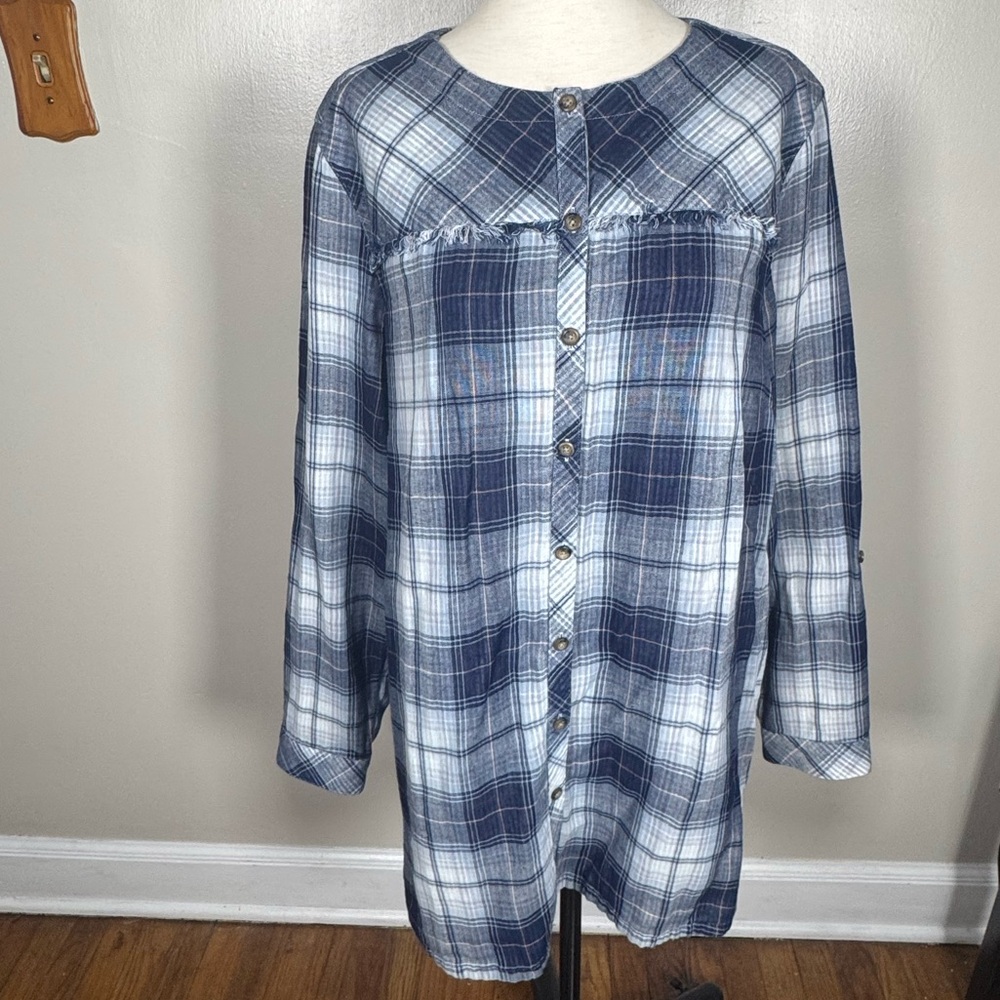 J. Jill Denim Sz Large Blue Plaid Long Sleeve Fringe Trim Button Front Gauzy Top